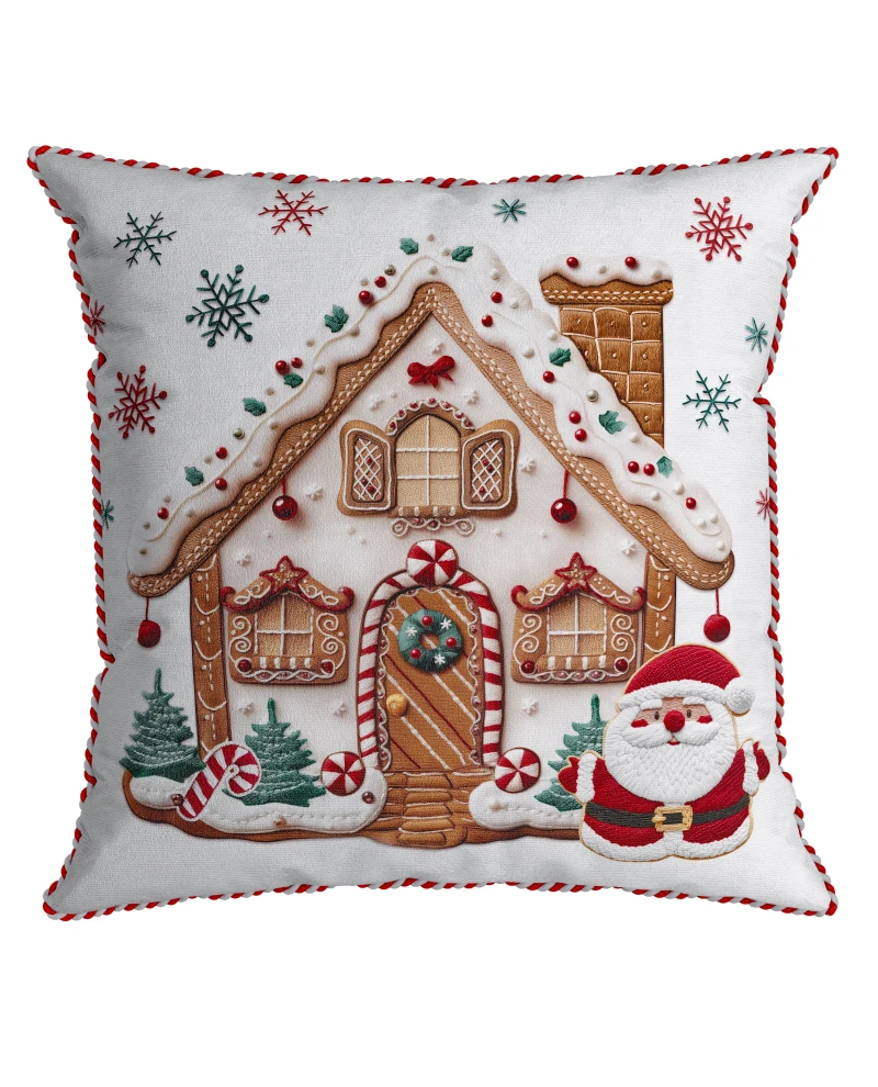 Capa de Almofada Natalina com Cordonê - Casa de Biscoito 43x43cm