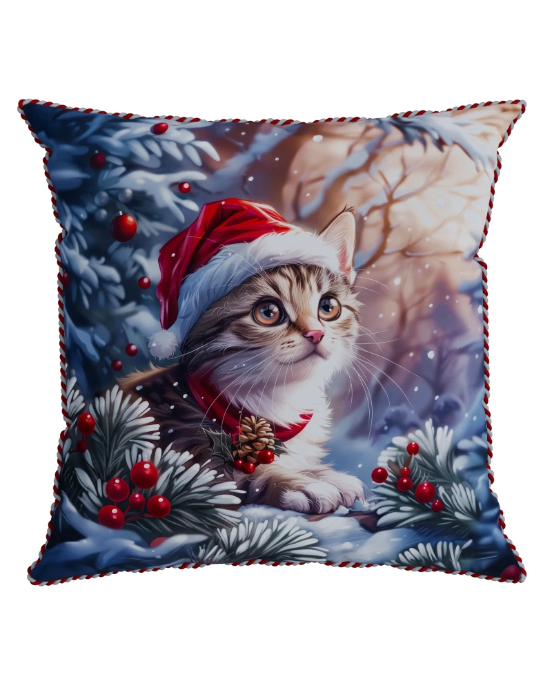 Capa de Almofada Natalina com Cordonê - Gatinho 43x43cm