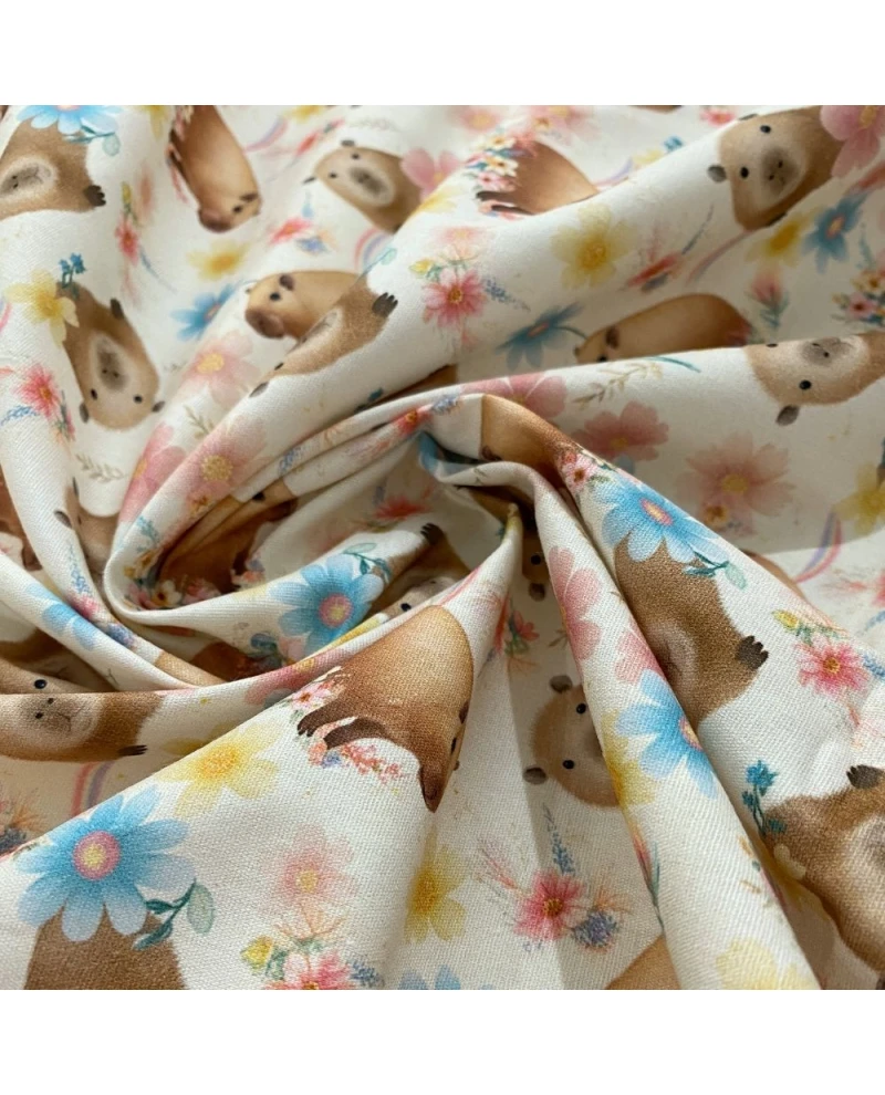 Tricoline Digital Off-white c/ capivara/flor/arco/íris - 100% Algodão 1,50 Larugra