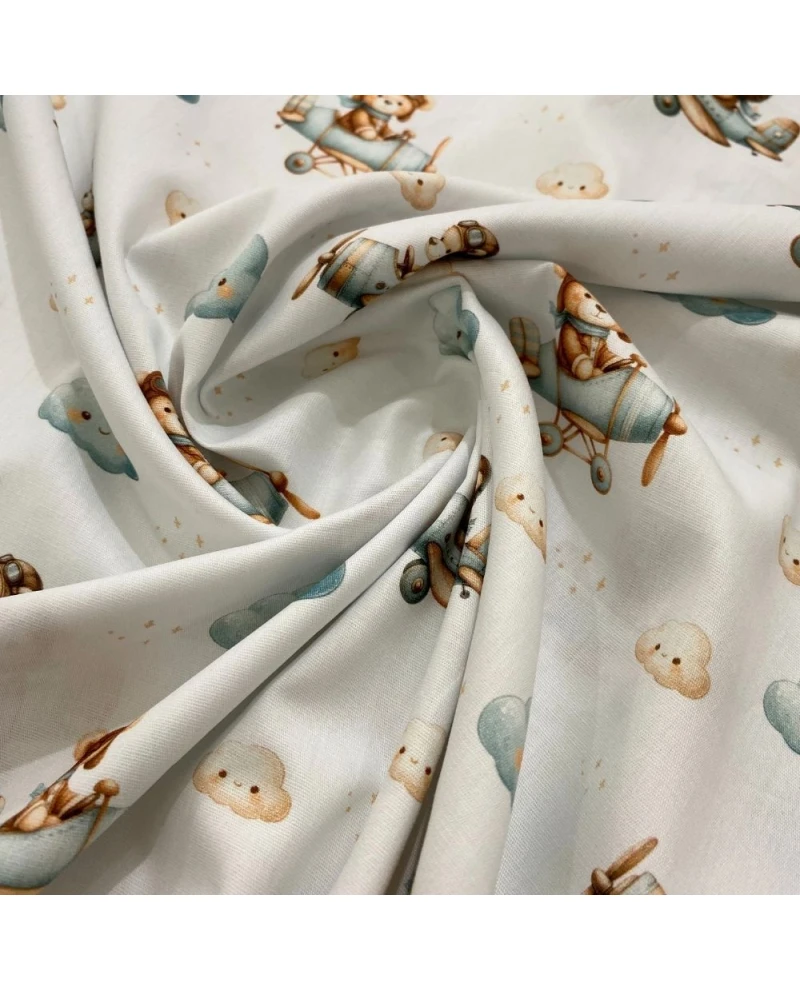 Tricoline Digital branco c/ avião/urso/nuvem - 100% Algodão 1,50 Largura